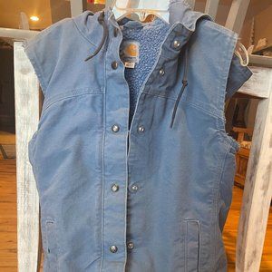 Womens Blue Carhartt Hooded Sherpa Snap Front Duck Vest